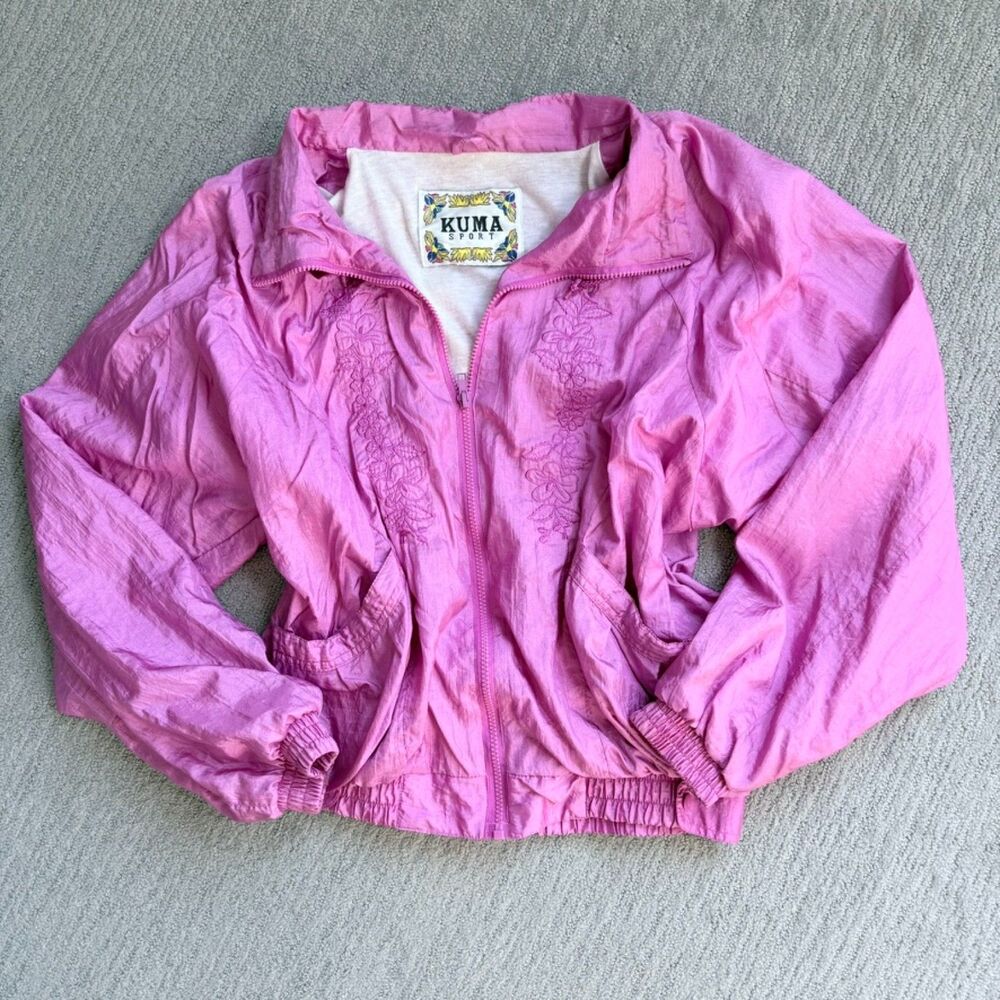 Vtg 90s Kuma Crinkle Nylon Tracksuit Set Pink Embroidered Windbreaker Pants